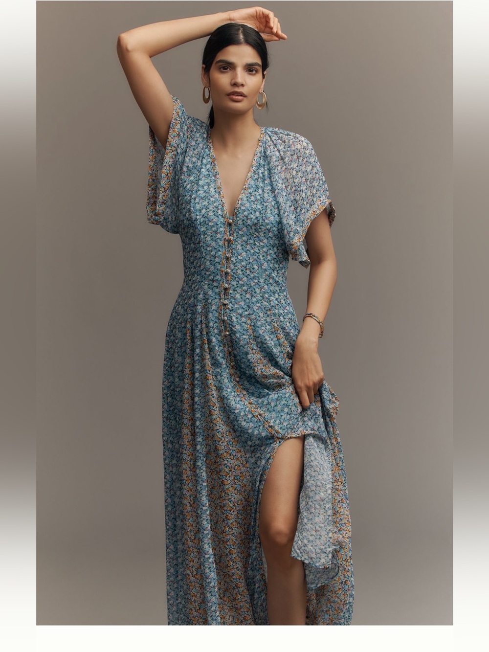 Anthropologie Maeve Pleated Smocked Floral Maxi Dress